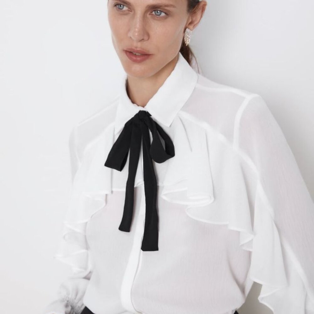 Zara Ruffle Front Tie Neck Blouse